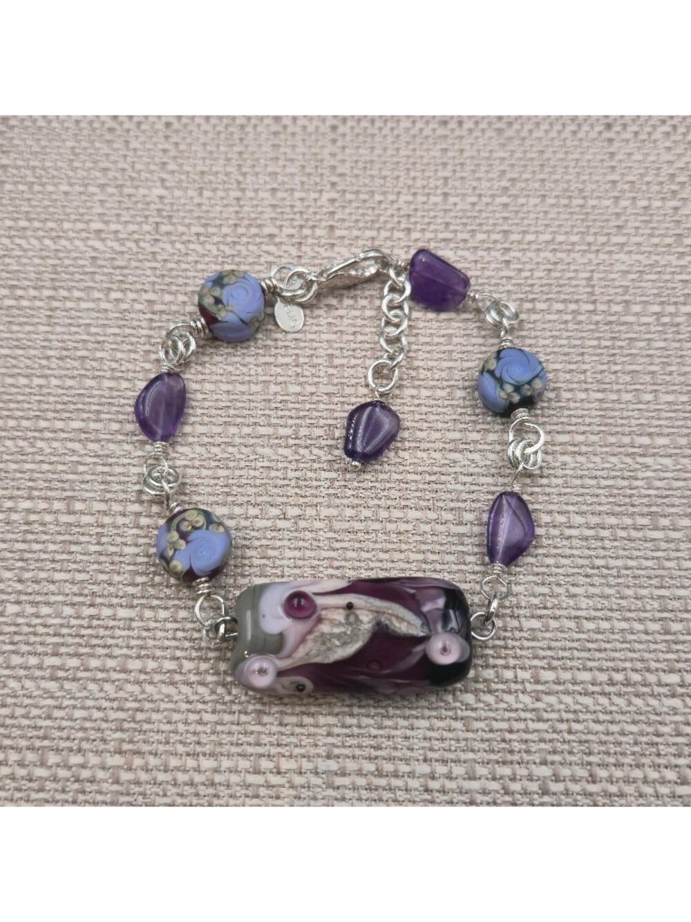 9.5+1 Inch Sterling Silver Purple Lampwork Focal Bead Ankle Bracelet B1203